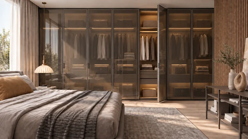 GM148 glass wardrobe study in the same bedroom setting as the other material views