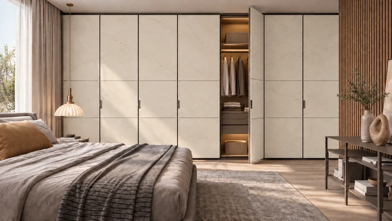 Warm sintered-stone surface study on wardrobe doors in the shared bedroom setting