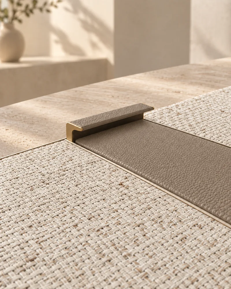 Close-up of woven surface, leather and handle composition