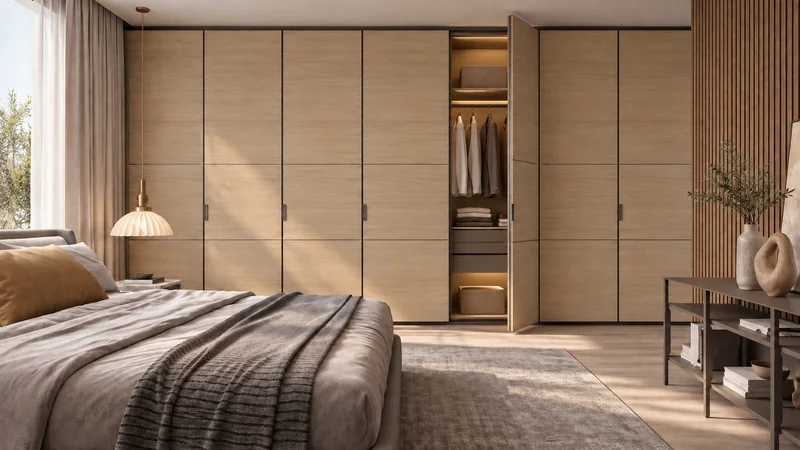 Gainer wardrobe doors in a warm bedroom with one door open to shelves and clothing