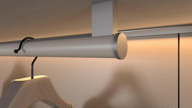Catalogue installation reference showing a round hanging rail supported below a shelf