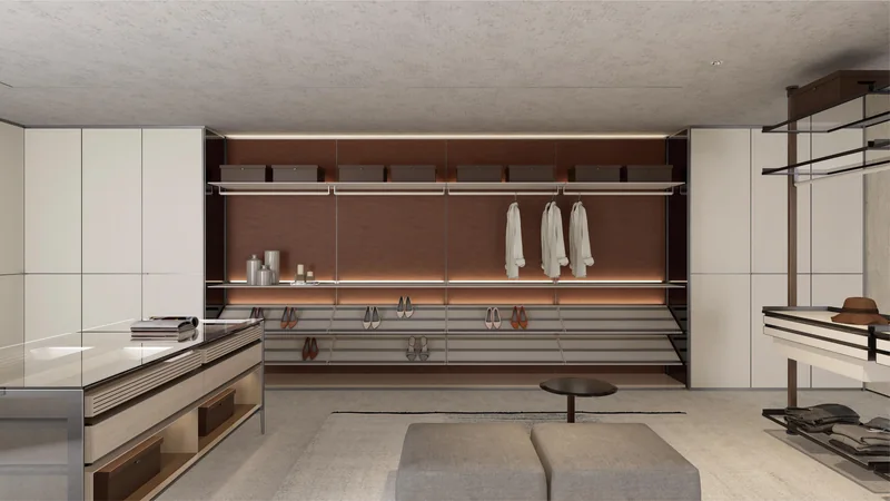 Open wardrobe with coordinated hanging rails, shelves, shoe storage and closed side cabinets